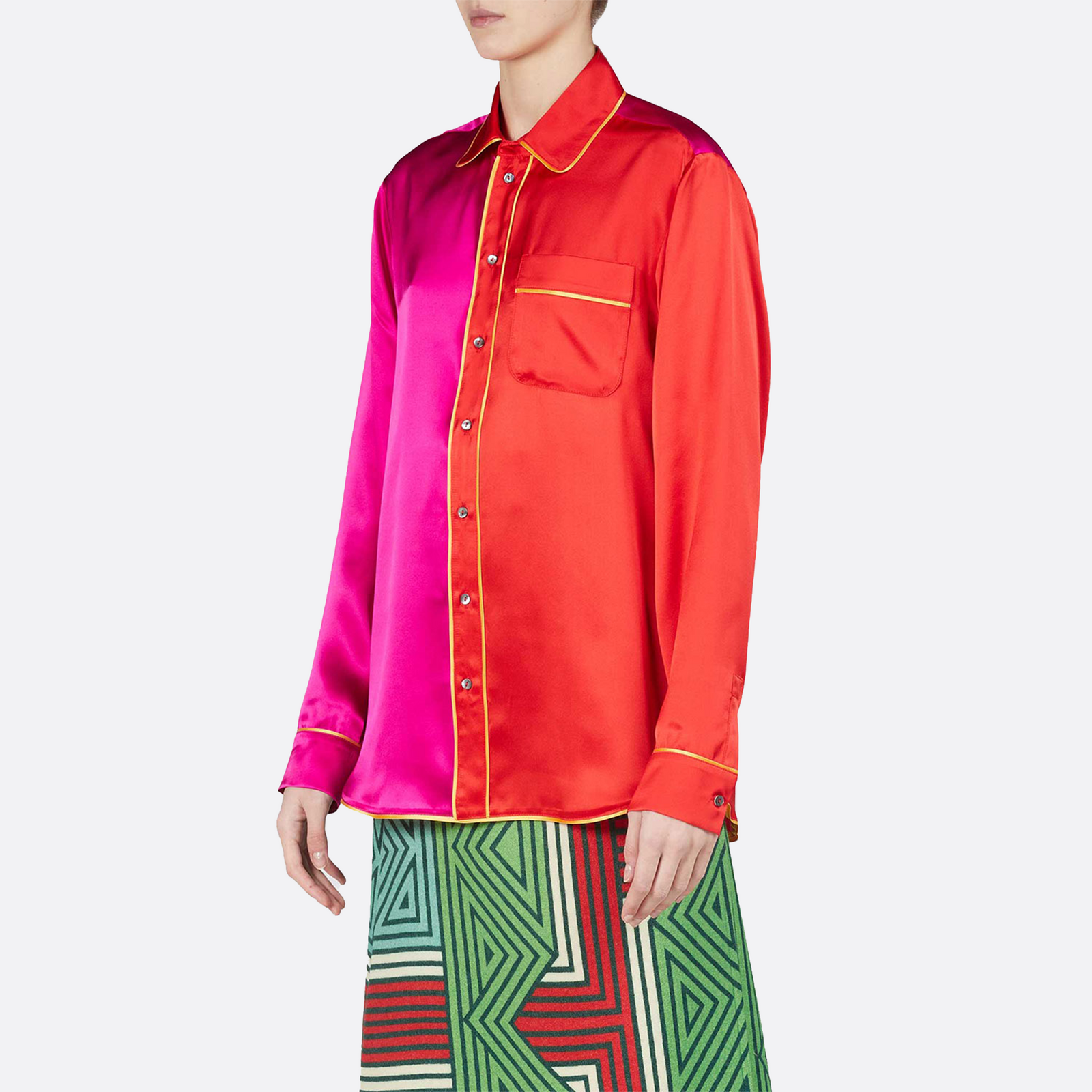 Contrast Silk Button Down Shirt, magenta & red