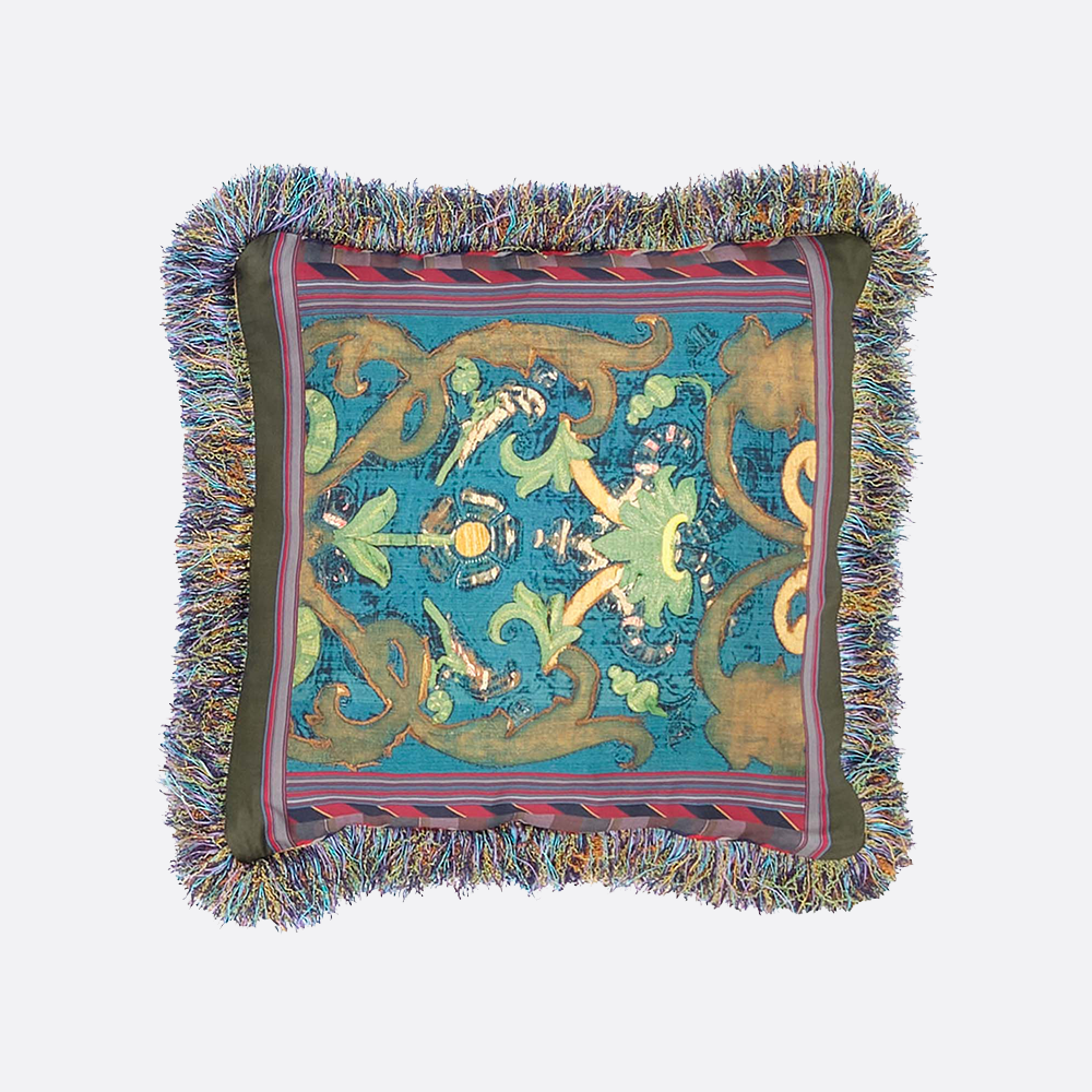 Double Sided Cushion with Fringe featuring greens and blues